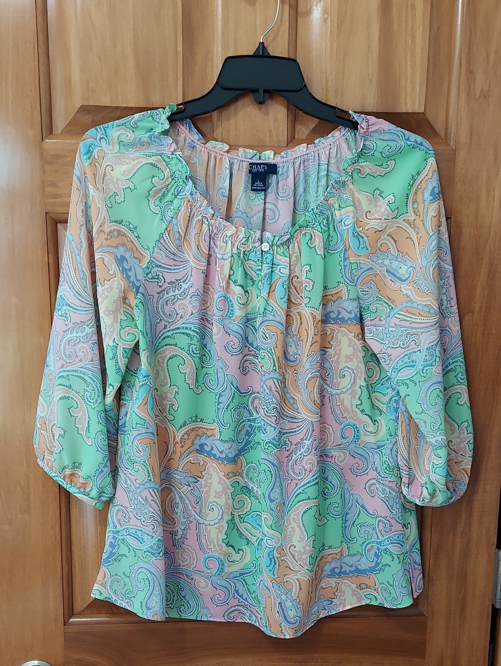 Chaps Pastel Paisley Peasant Blouse in Mint, Peach & Lavender, Large, Like New▪︎